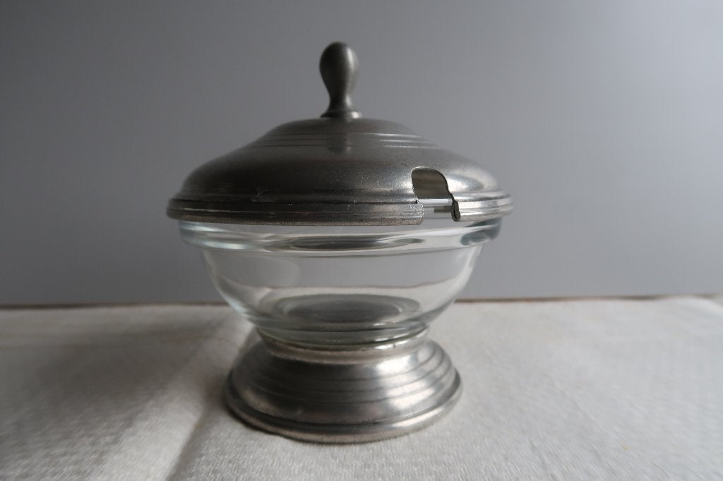 Frans vintage glazen potje met tinnen deksel en voet gemerkt, Antiek en Kunst, Antiek | Tin, Ophalen of Verzenden