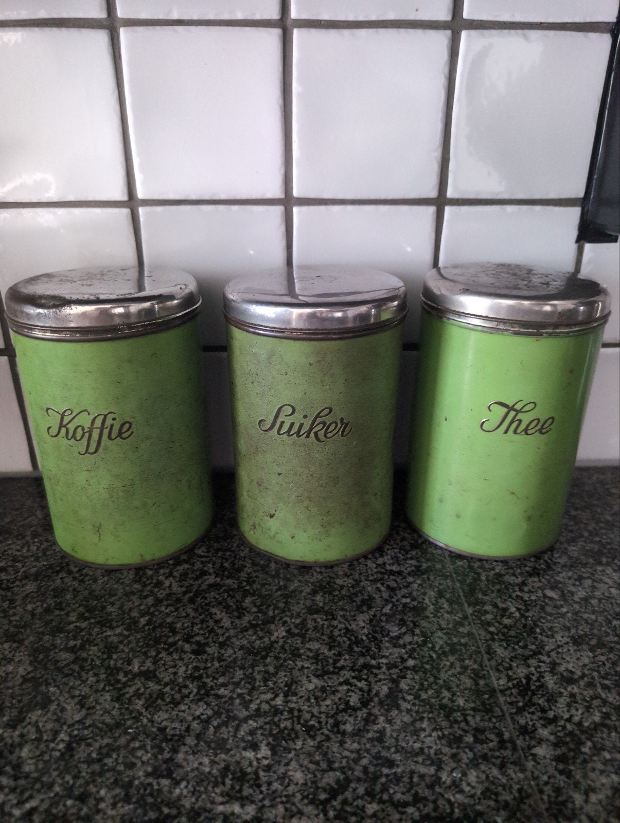 Antieke emaille bussen: Koffie, Suiker, Thee, Antiek en Kunst, Antiek | Emaille, Ophalen of Verzenden