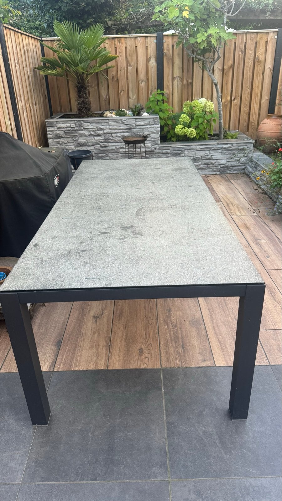 Spraystone/glas tuintafel 220x100 cm, Tuin en Terras, Ophalen of Verzenden, Gebruikt, Rechthoekig, Overige materialen