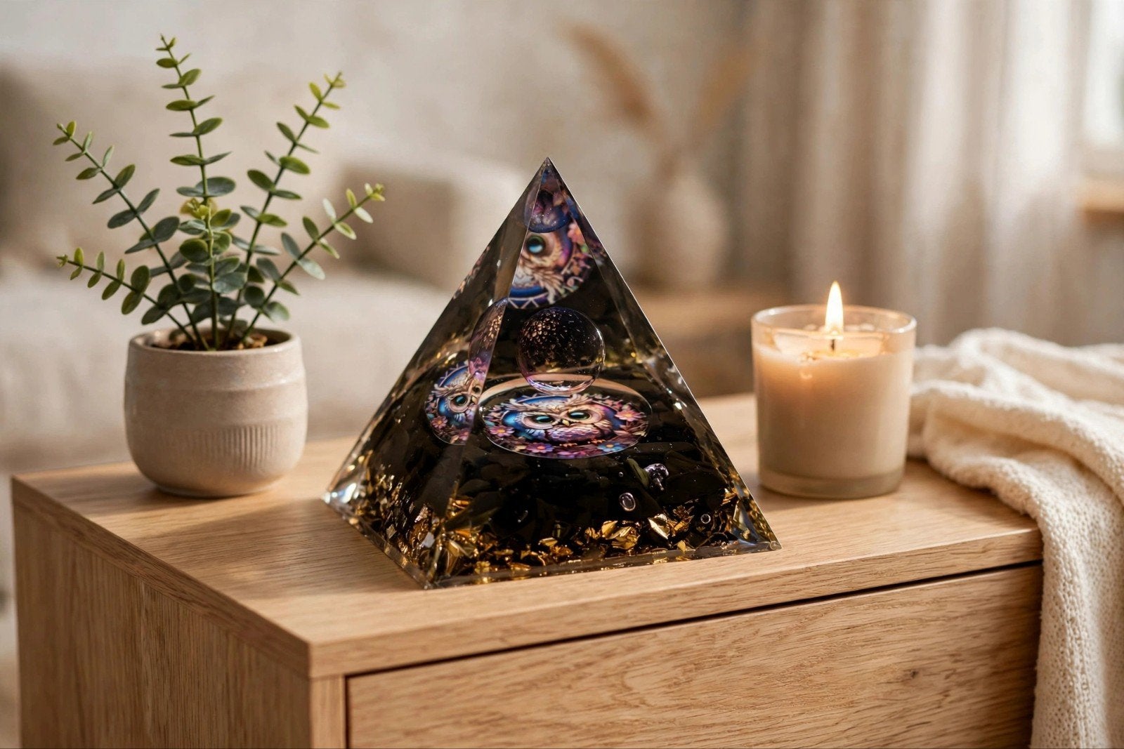 Decoratieve piramide met uilmotief en goudfolie, Meerkleurig, Overige stijlen, Nieuw, Kunststof