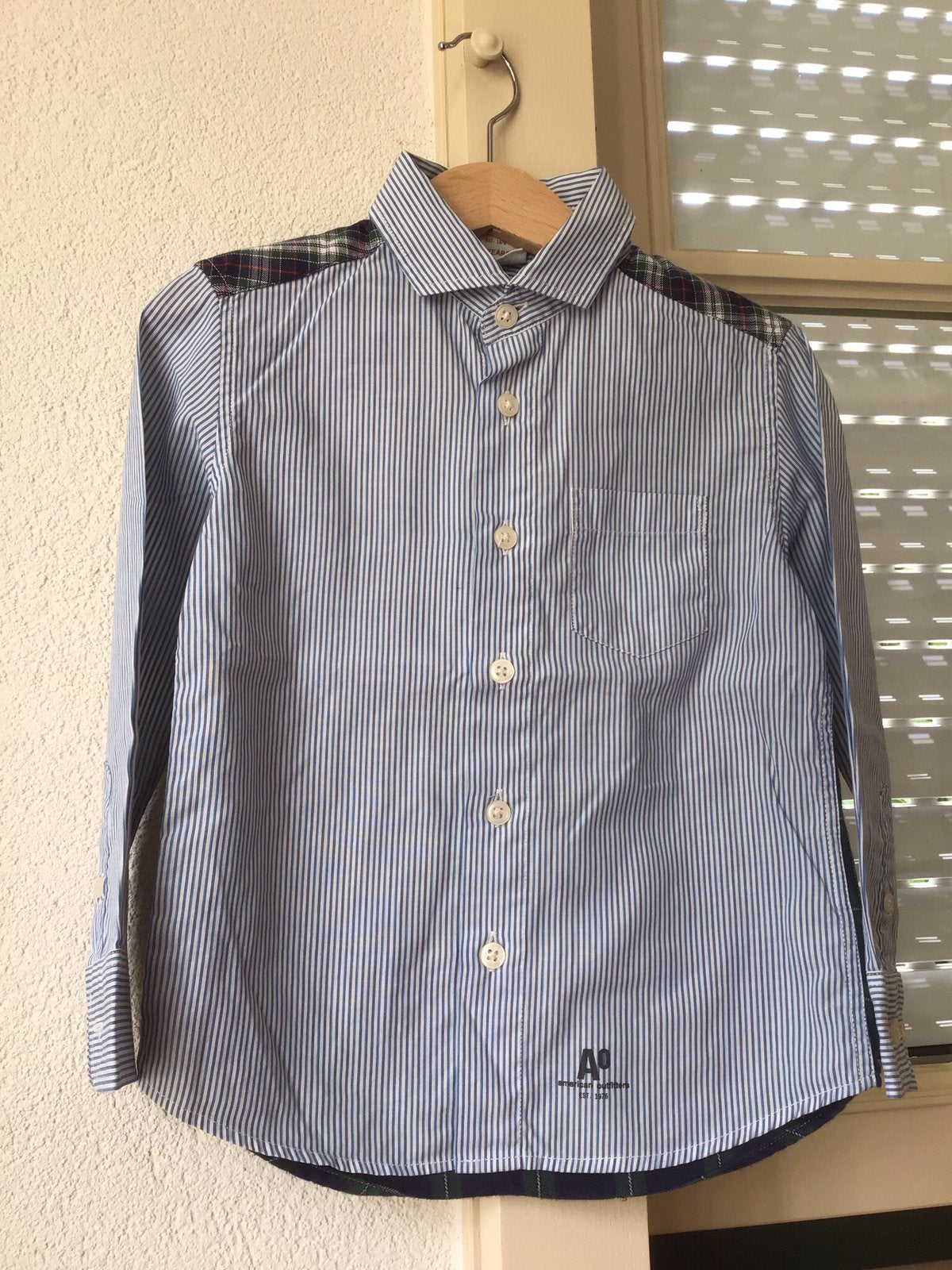 American Outfitters Blousje blauw streep/groen ruit maat 104, Ophalen of Verzenden, Zo goed als nieuw, Jongen, Overhemd of Blouse