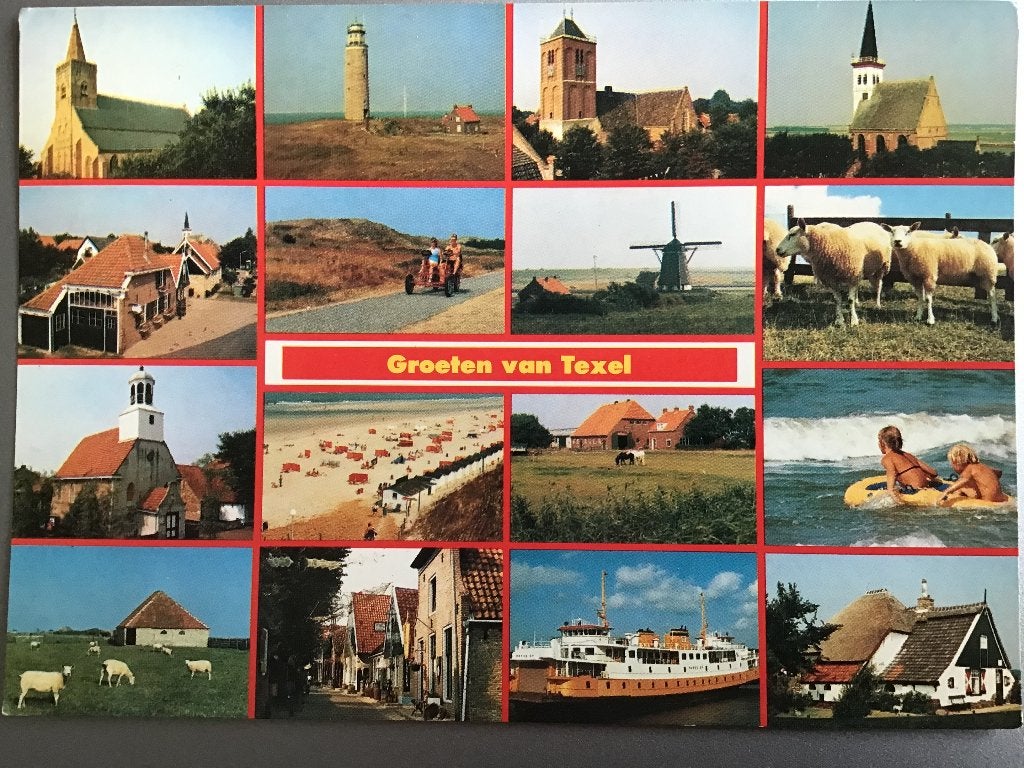 Ansichtkaart Groeten van Texel - Diverse Afbeeldingen 1985, Verzamelen, Ophalen of Verzenden, 1980 tot heden, Gelopen, Waddeneilanden