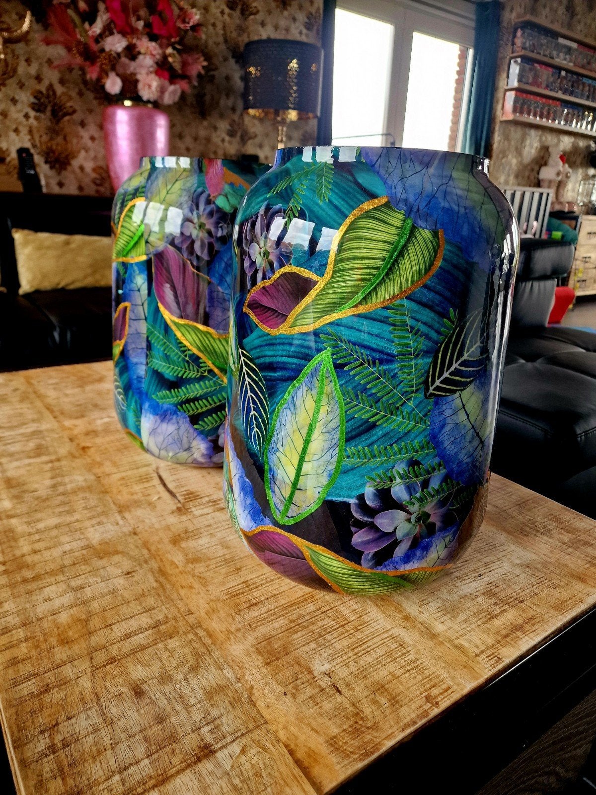 2 hele gave ijzeren vazen 43cm hoog, Overige materialen, Blauw, Nieuw, Geschikt voor droogbloemen