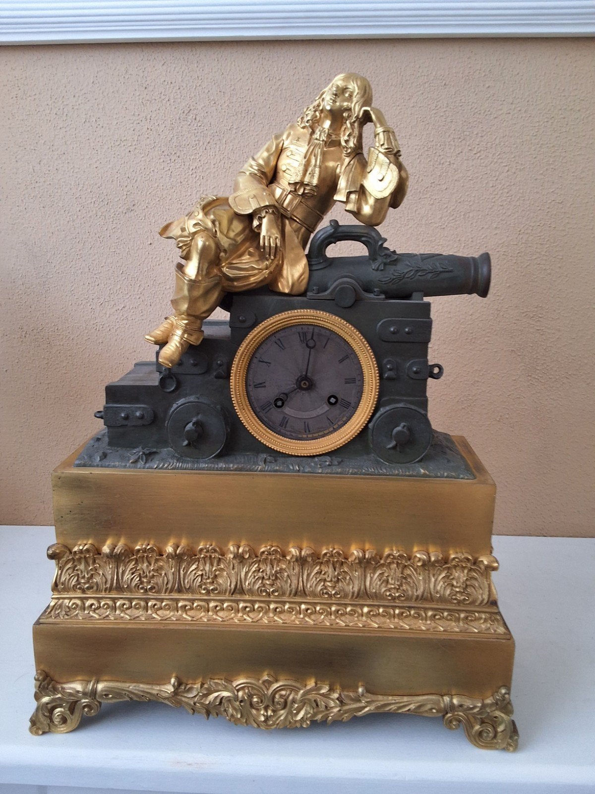 Prachtige bronzen klok met kanon en figuur, Ophalen of Verzenden