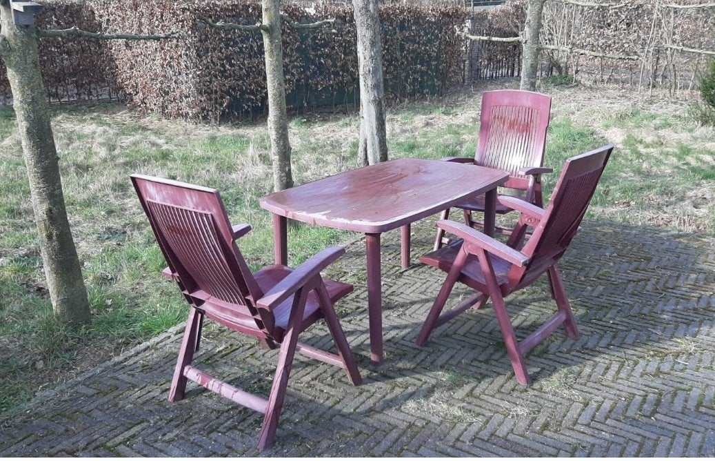 Kunststof tuinset tuintafel met 3 verstelbare stoelen., Ophalen, Gebruikt, Kunststof