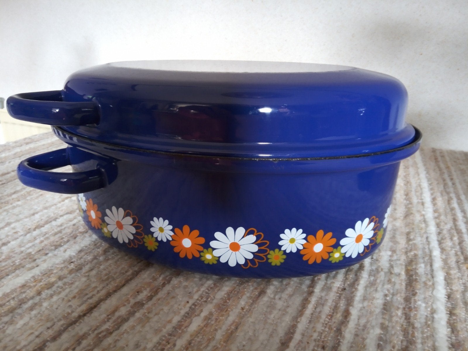 Vintage braadpan/wildpan 34 cm - Blauw met bloemendecoratie, Antiek en Kunst, Ophalen of Verzenden