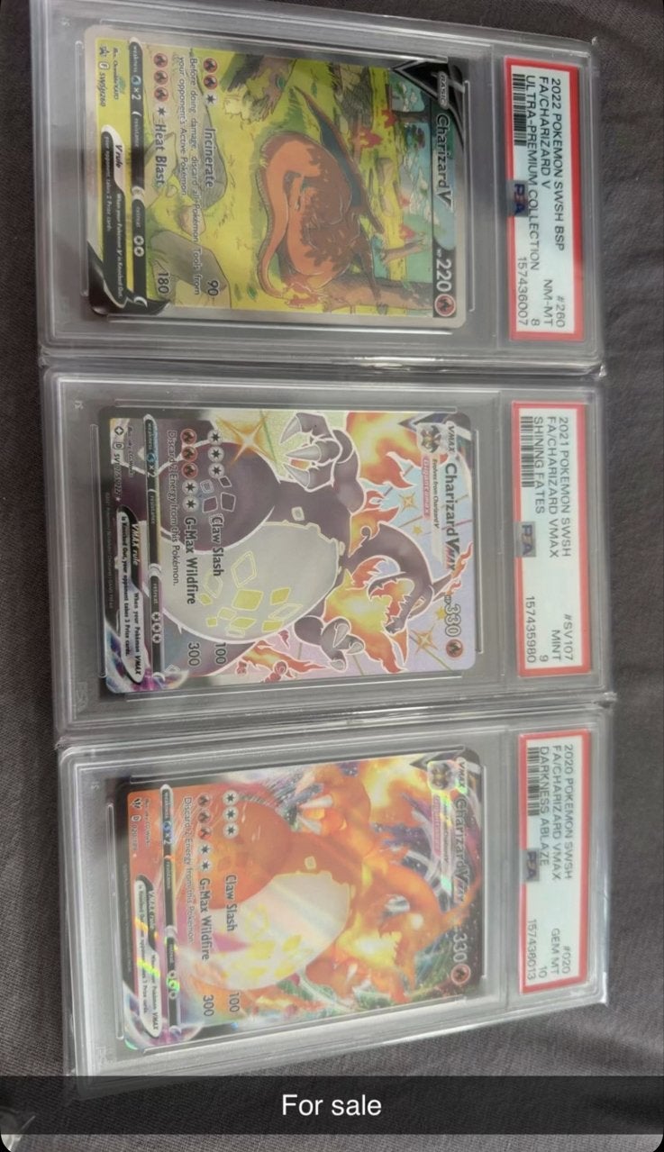 3x PSA Graded Charizard Pokémon Kaarten - V, VMAX, VMAX, Hobby en Vrije tijd, Ophalen of Verzenden, Zo goed als nieuw, Meerdere kaarten