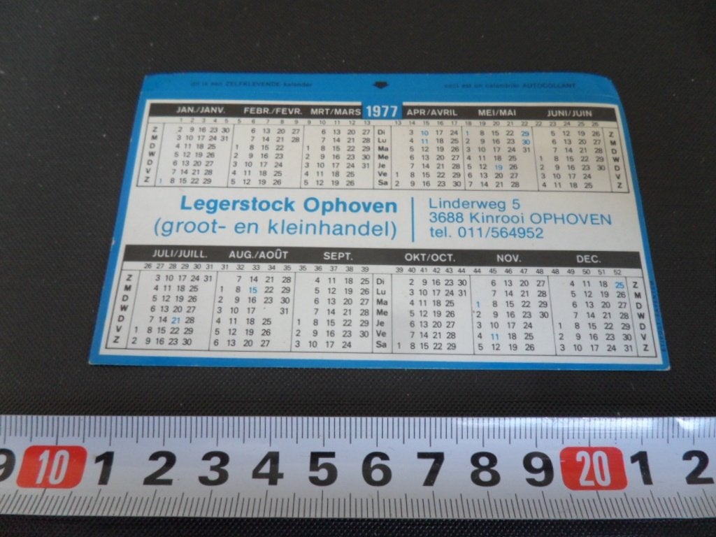 sticker kalender 1977 legerstock ophoven kinrooi belgië, Ophalen of Verzenden, Zo goed als nieuw