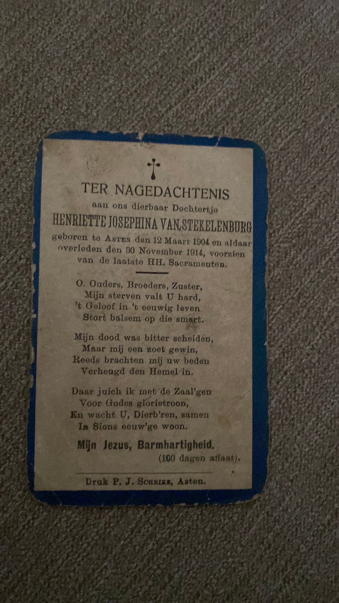 10-jarige Henriette J van Stekelenburg 1904 Asten 1914, Ophalen of Verzenden