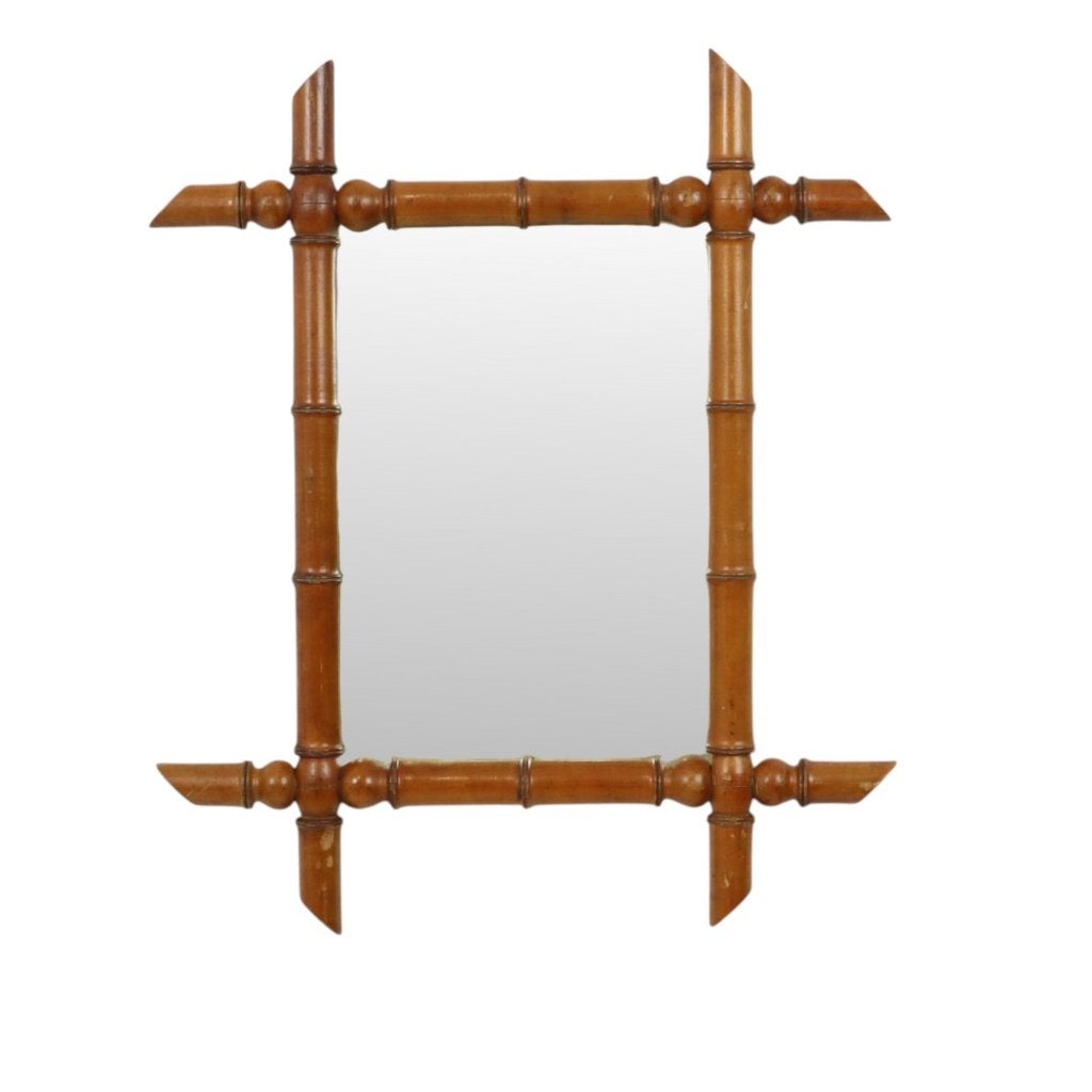 Oude Houten Spiegel Faux Bamboe Chinoiserie 60x50cm, Ophalen of Verzenden, Rechthoekig, 50 tot 100 cm, Minder dan 100 cm