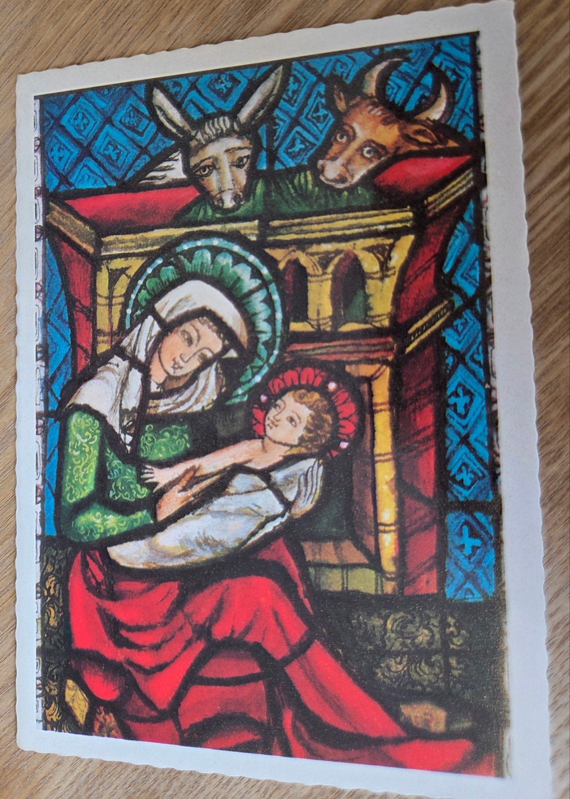 Kerstkaart met geboorte van Jezus - Glas in lood, Verzamelen, Verzenden, 1980 tot heden, Gelopen, Feest(dag)