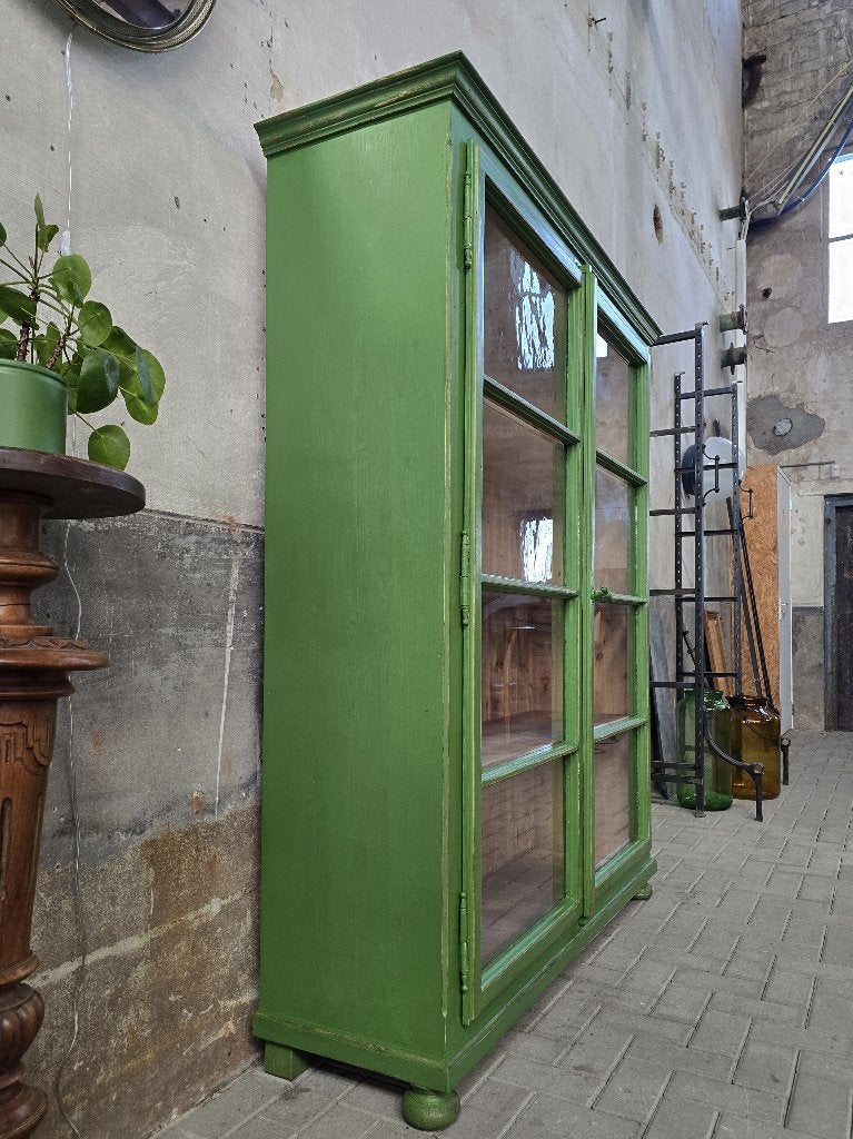 XL Vintage Houten Vitrinekast Groen | Grote Vitrine Kast 2, Huis en Inrichting, Antiek Retro Vintage Brocante Landelijk, 150 tot 200 cm