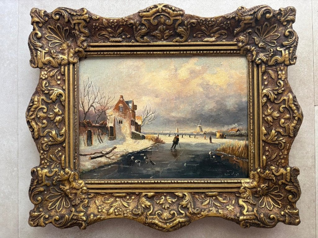 Leen van Vugt (1952) - Winterlandschap met schaatsers, Nederlandse school, Doek, Ophalen of Verzenden, Olieverf