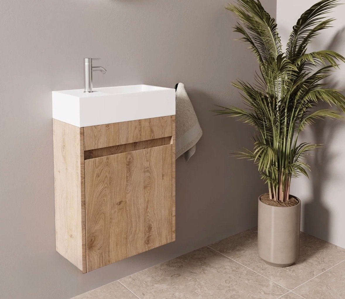 Lichthouten toiletmeubel met fontein en opbergruimte, Huis en Inrichting, Badkamer | Badkamermeubels, Ophalen, Minder dan 50 cm