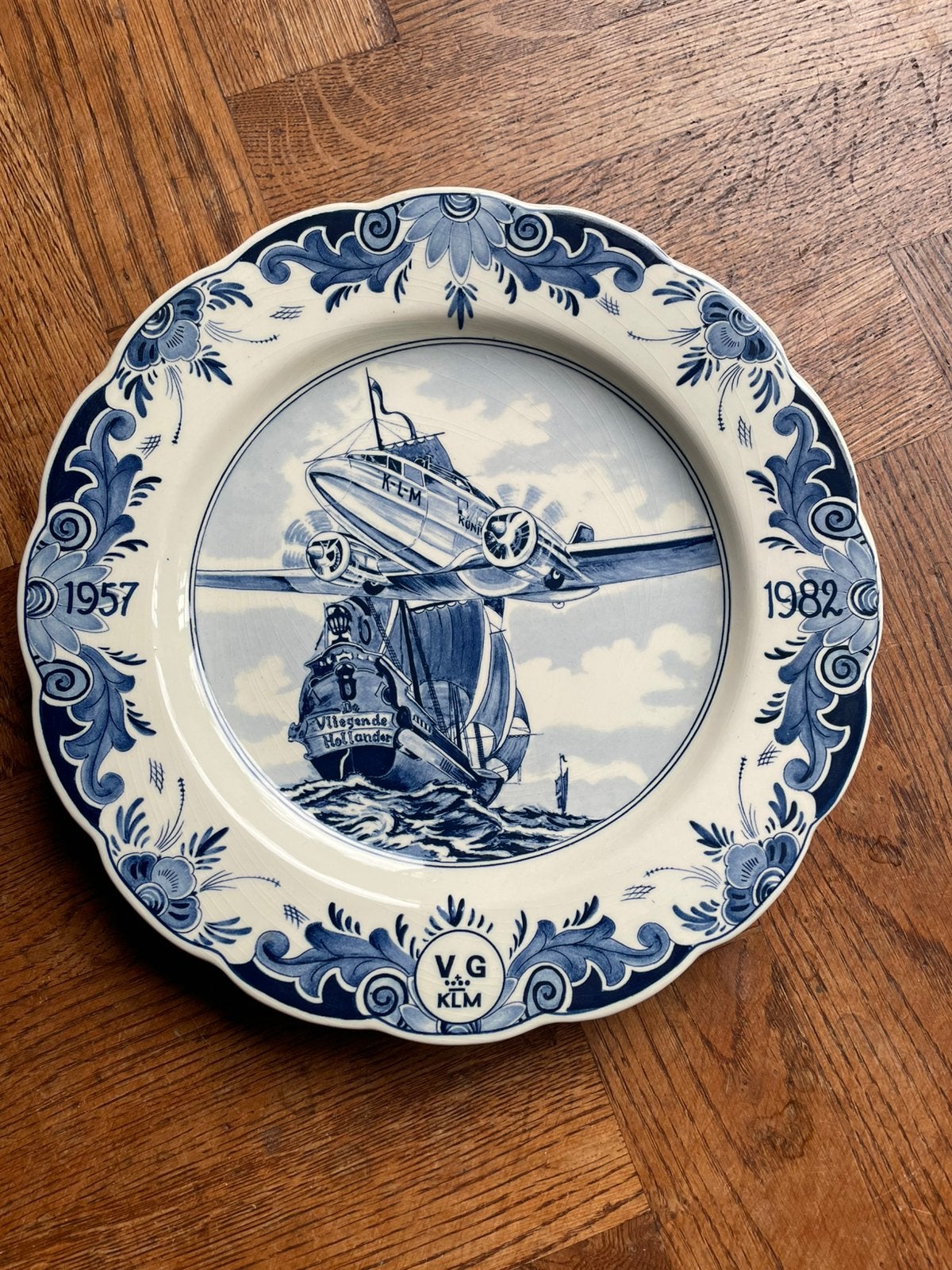 De Vliegende Hollander Delfts blauw KLM bord 1957-1982, Ophalen of Verzenden