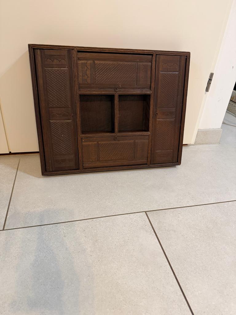 Antieke houten wandkastje met lades en deurtjes, Ophalen of Verzenden
