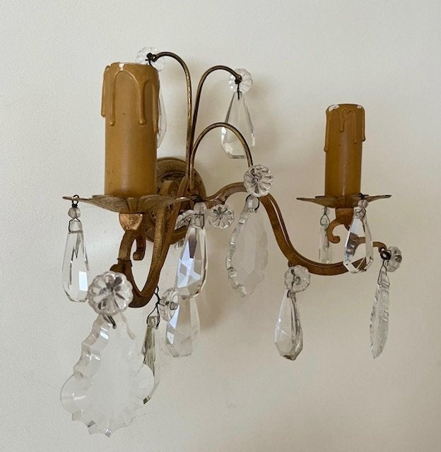 Antieke Franse wandlamp met kristalglazen pegels, Ophalen of Verzenden