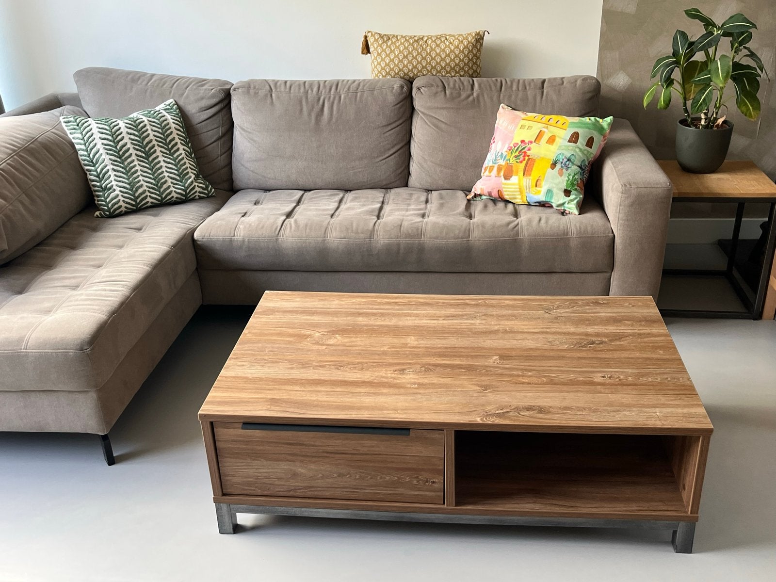 Salontafel met lade en opbergvak (Hout en metaal), Huis en Inrichting, Ophalen, Gebruikt, 100 tot 150 cm, 50 tot 100 cm