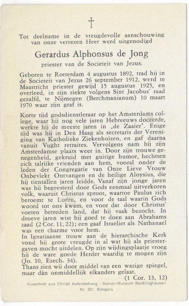 Priester Gerardus A. de Jong 1892 Rotterdam + 1970 Nijmegen, Verzenden