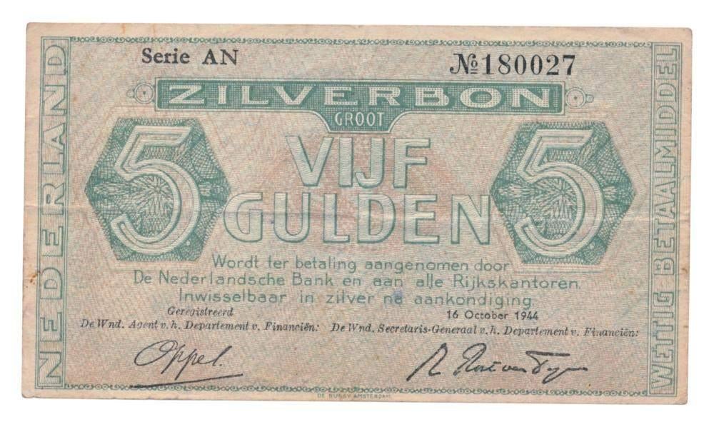 Nederland 5 Gulden 1944 Zilverbon Serie AN