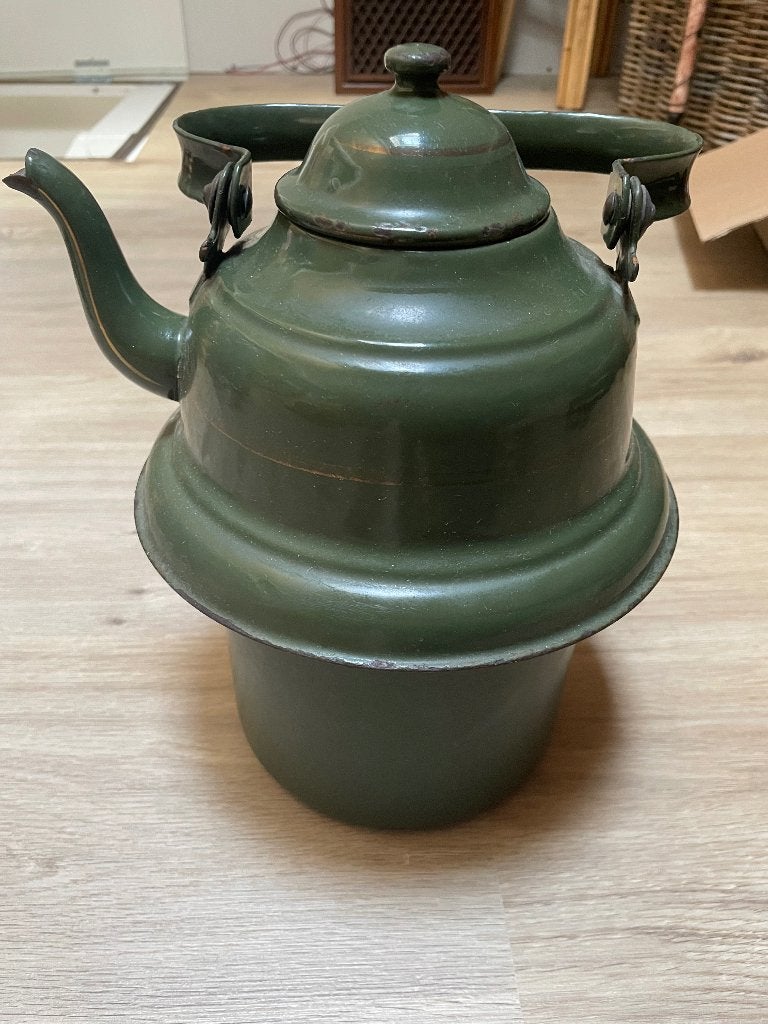 Vintage emaille zakketel, groen met gouden streep, Antiek en Kunst, Ophalen of Verzenden