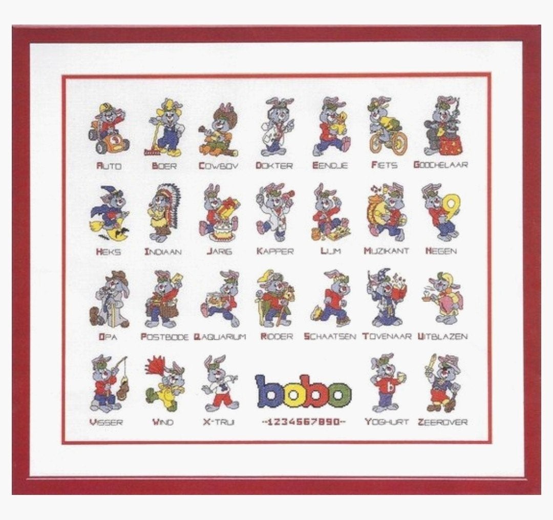 Borduurpakket Bobo Alfabet  ABC  DMCgaren, Ophalen of Verzenden, Zo goed als nieuw, Handborduren, Borduurpakket