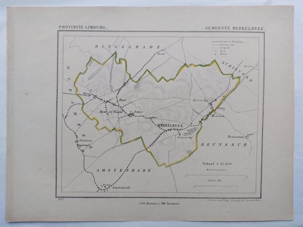 34 / Gemeente Merkelbeek Limburg Litho uit 1866 J. Kuyper, Ophalen of Verzenden