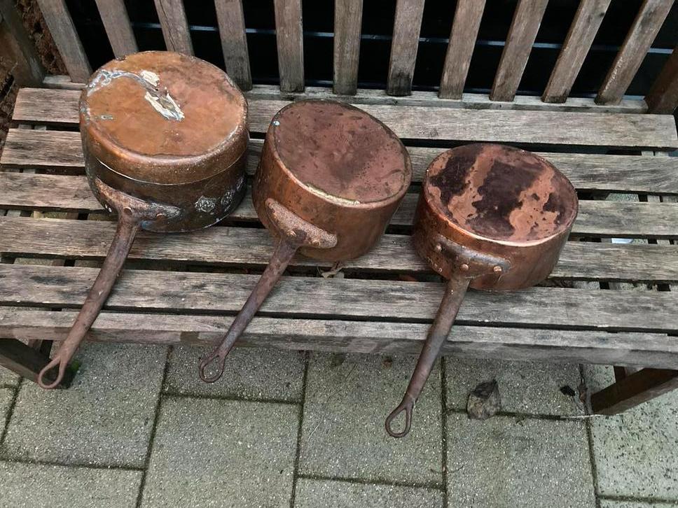Vintage koperen chef pannen uit Frankrijk, Ophalen of Verzenden, Gebruikt, Gietijzer, Koekenpan of Braadpan