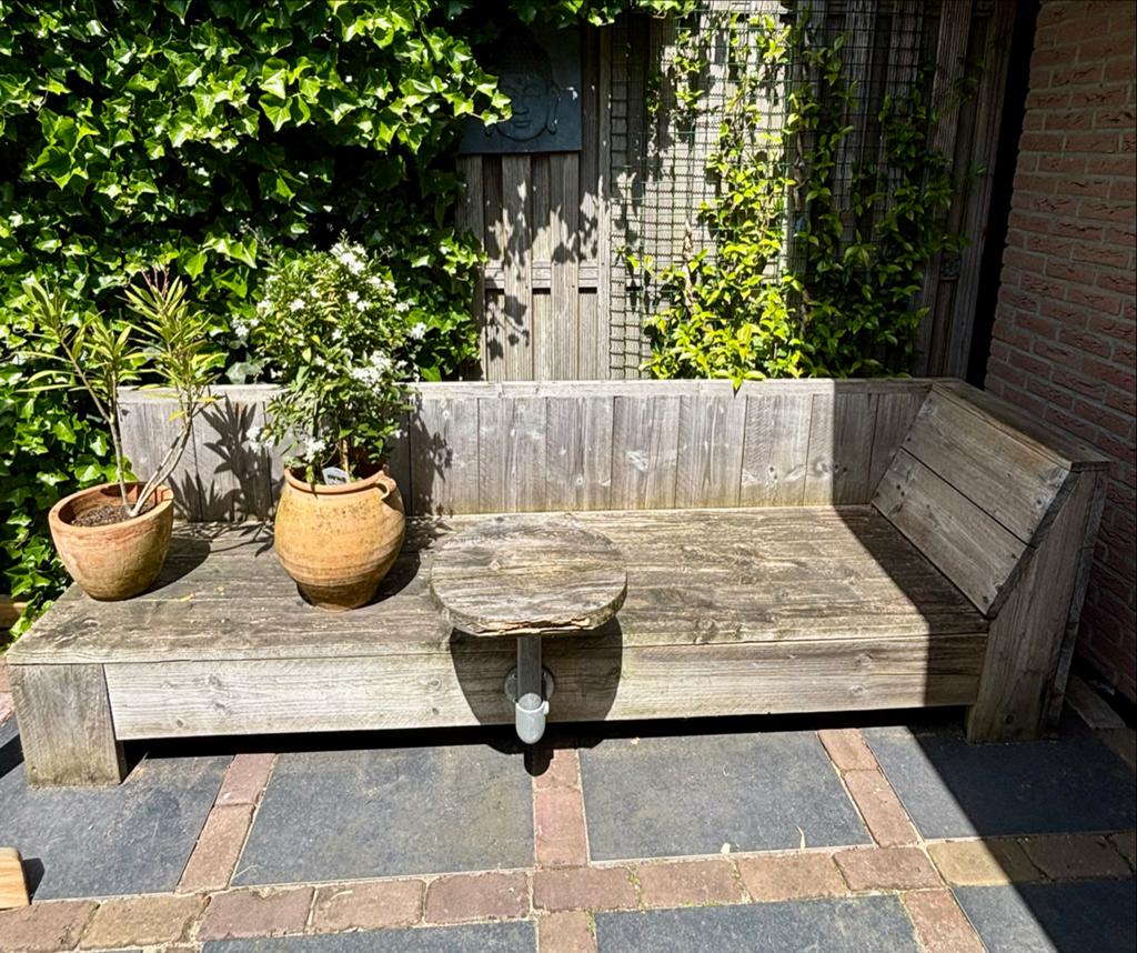 tuinbank van steigerhout en eventueel kussen, Tuin en Terras, Tuinbanken, Gebruikt, Hout, Ophalen