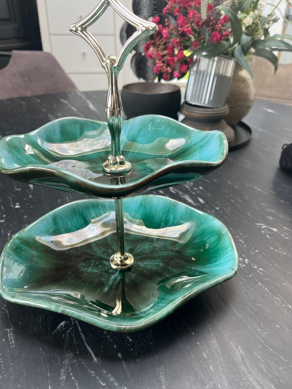 Vintage Bleu Mountain Pottery etagère en 3 kandelaars, Ophalen of Verzenden