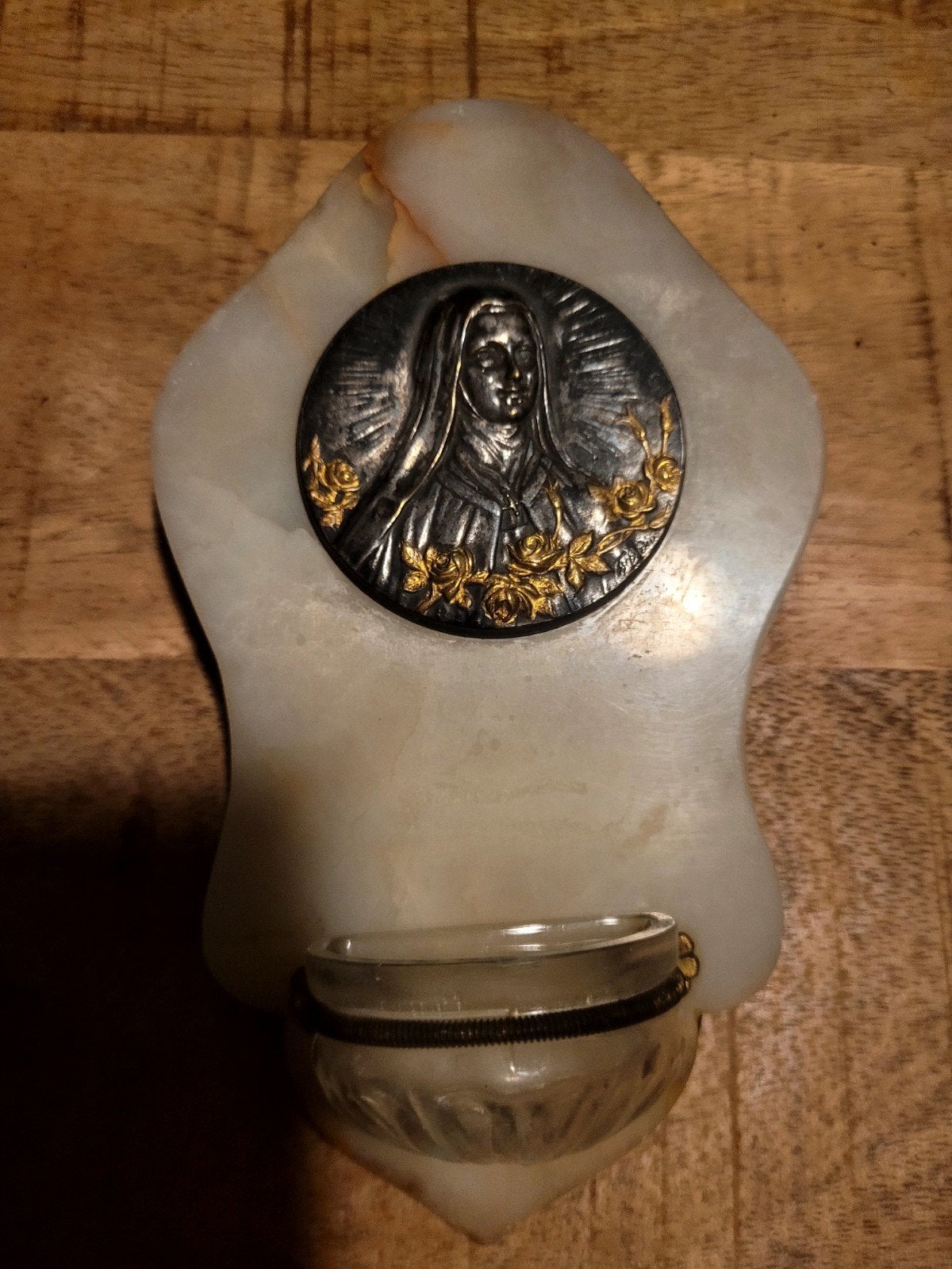 Antiek wijwaterbakje met Maria-afbeelding, Ophalen of Verzenden
