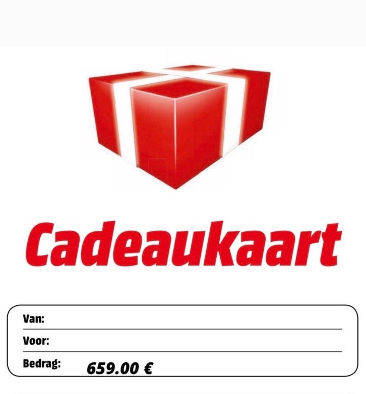 Mediamarkt cadeaubon ter waarde van €659, Eén persoon, Cadeaubon