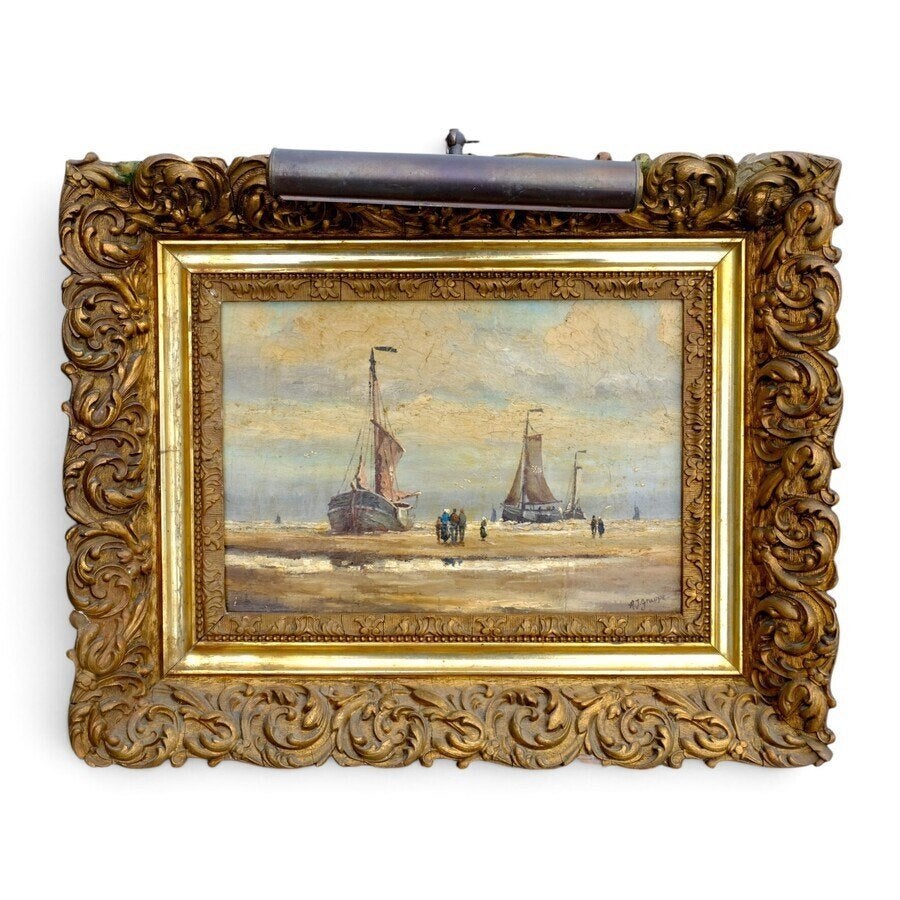 A.J. Gruppe (20e eeuw) - Bomschuiten op het strand, Ophalen of Verzenden