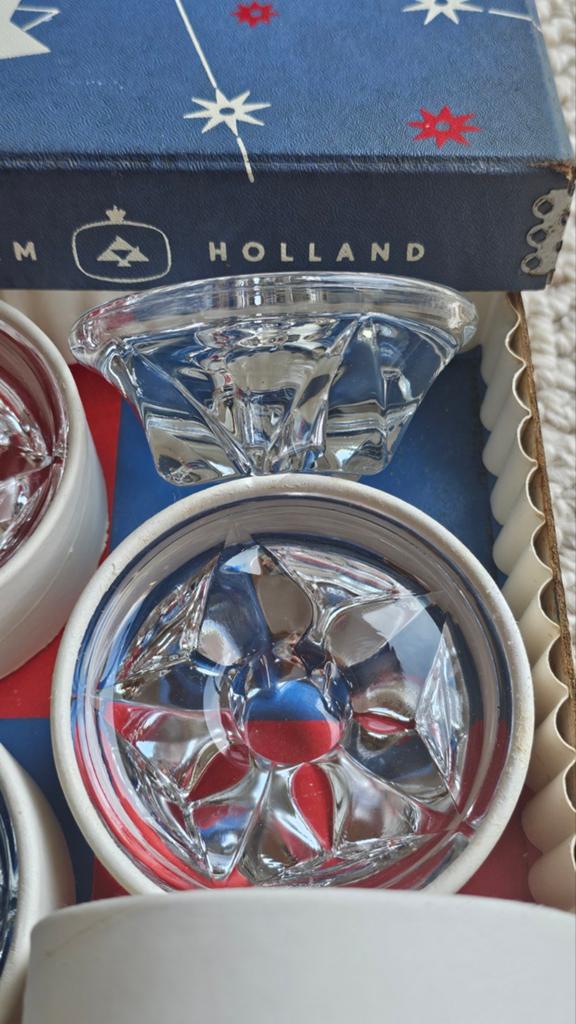 Vintage Leerdam Holland kaarsenhouders in doos, Antiek en Kunst, Antiek | Glas en Kristal, Ophalen of Verzenden