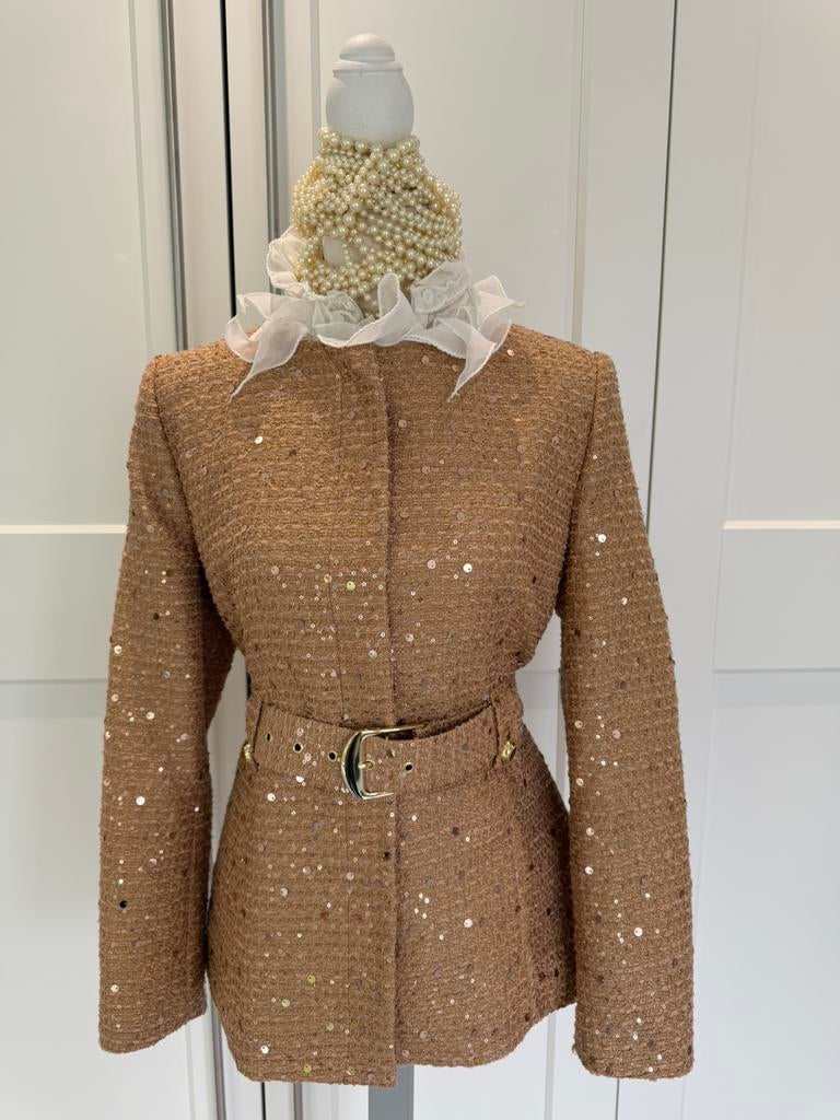 Nieuw Zara pailetten blazer camel bruin xl 42 44, Kleding | Dames, Jasjes, Kostuums en Pakken, Bruin, Verzenden, Maat 42/44 (L)