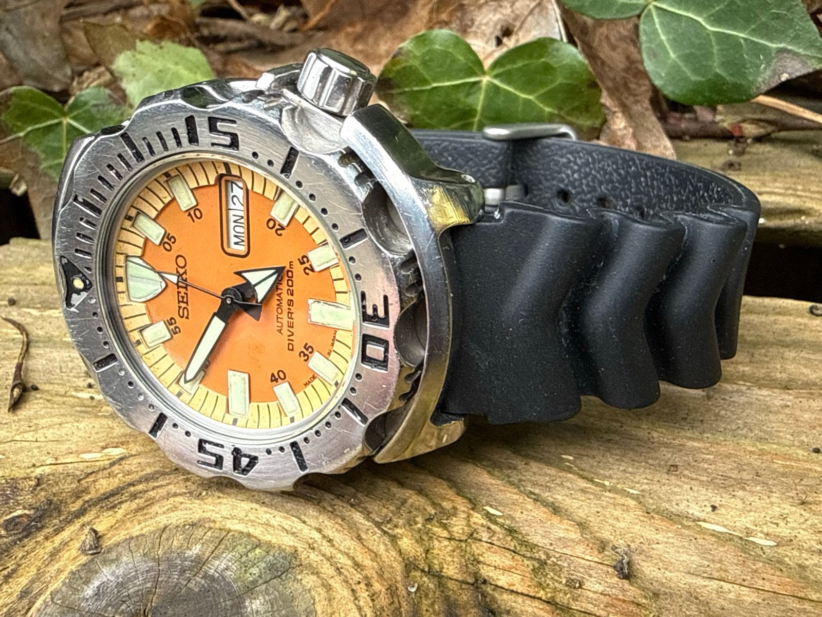 Seiko Monster Gen 1 Oranje Wijzerplaat - Uurwerk Vervangen, Seiko, Gebruikt, Staal, Polshorloge