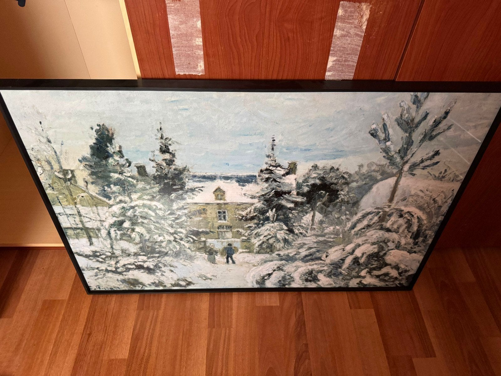 Schilderij Winterlandschap met Sneeuw en Huizen, Doek, Realistisch, Ophalen of Verzenden, Olieverf