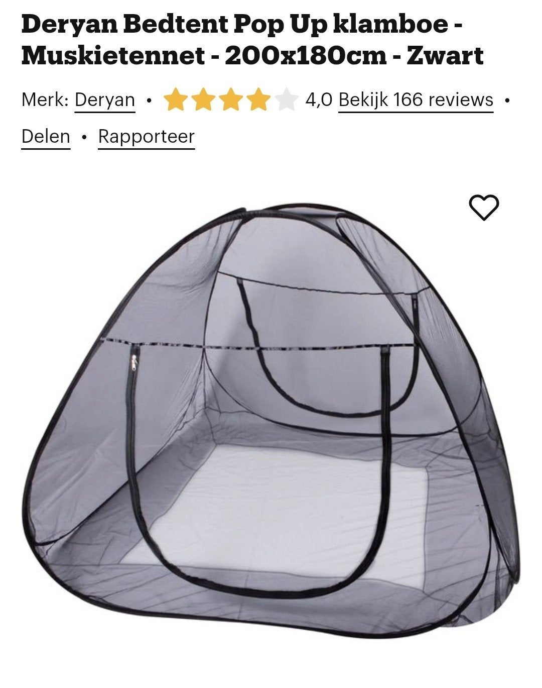 Deryan Bedtent Pop Up Klamboe - Muskietennet 200x180cm Zwart, Ophalen, Nieuw, Tot en met 2