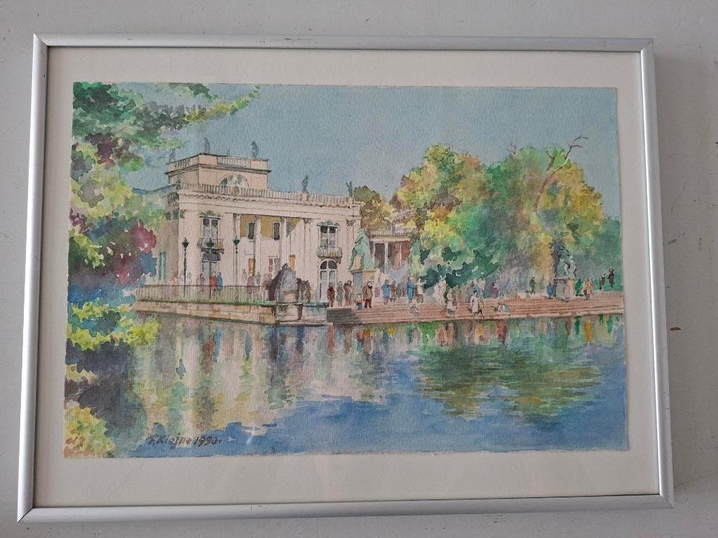 Gesigneerde aquarel tekening paleis aan water Warschau, Ophalen of Verzenden