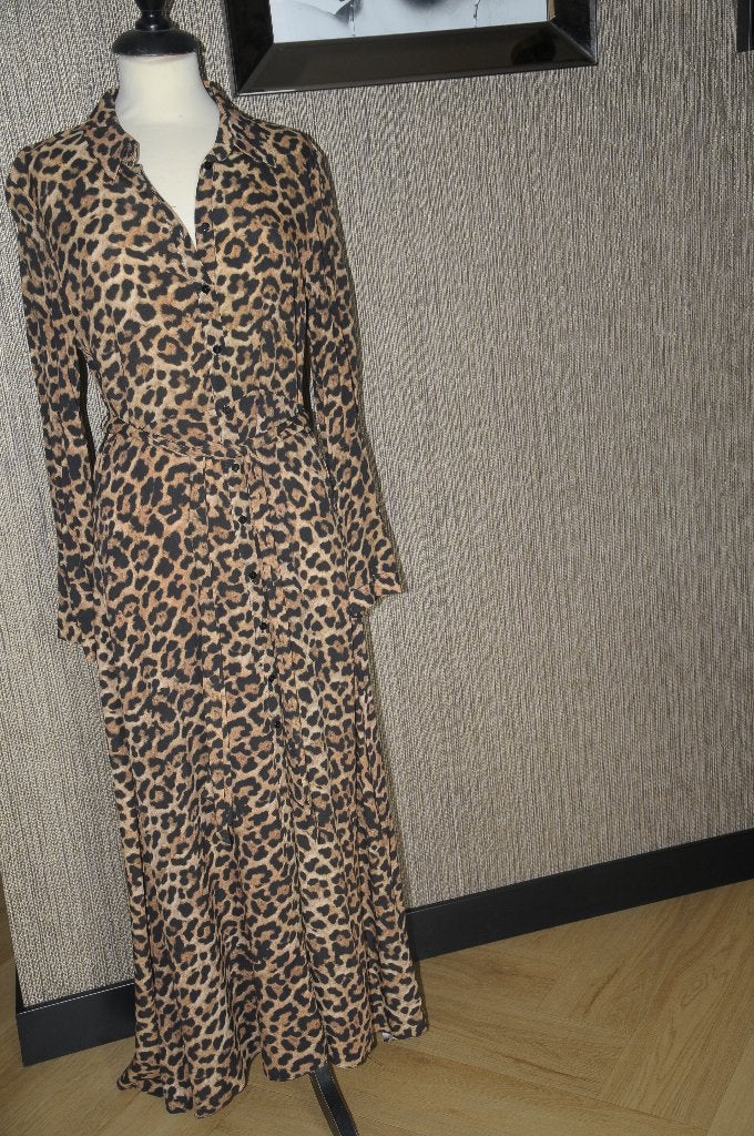 Mooie lange doorknoopjurk van Zara met panterprint, M, ZGAN!, Maat 38/40 (M), Bruin, Zara, Ophalen of Verzenden