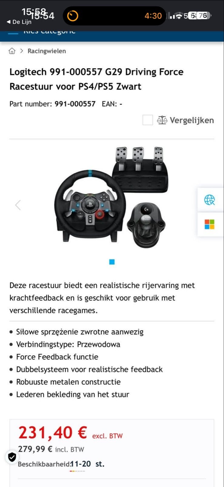 Logitech G29 Driving Force Racestuur voor PS4/PS5 Zwart, Ophalen of Verzenden, Gebruikt