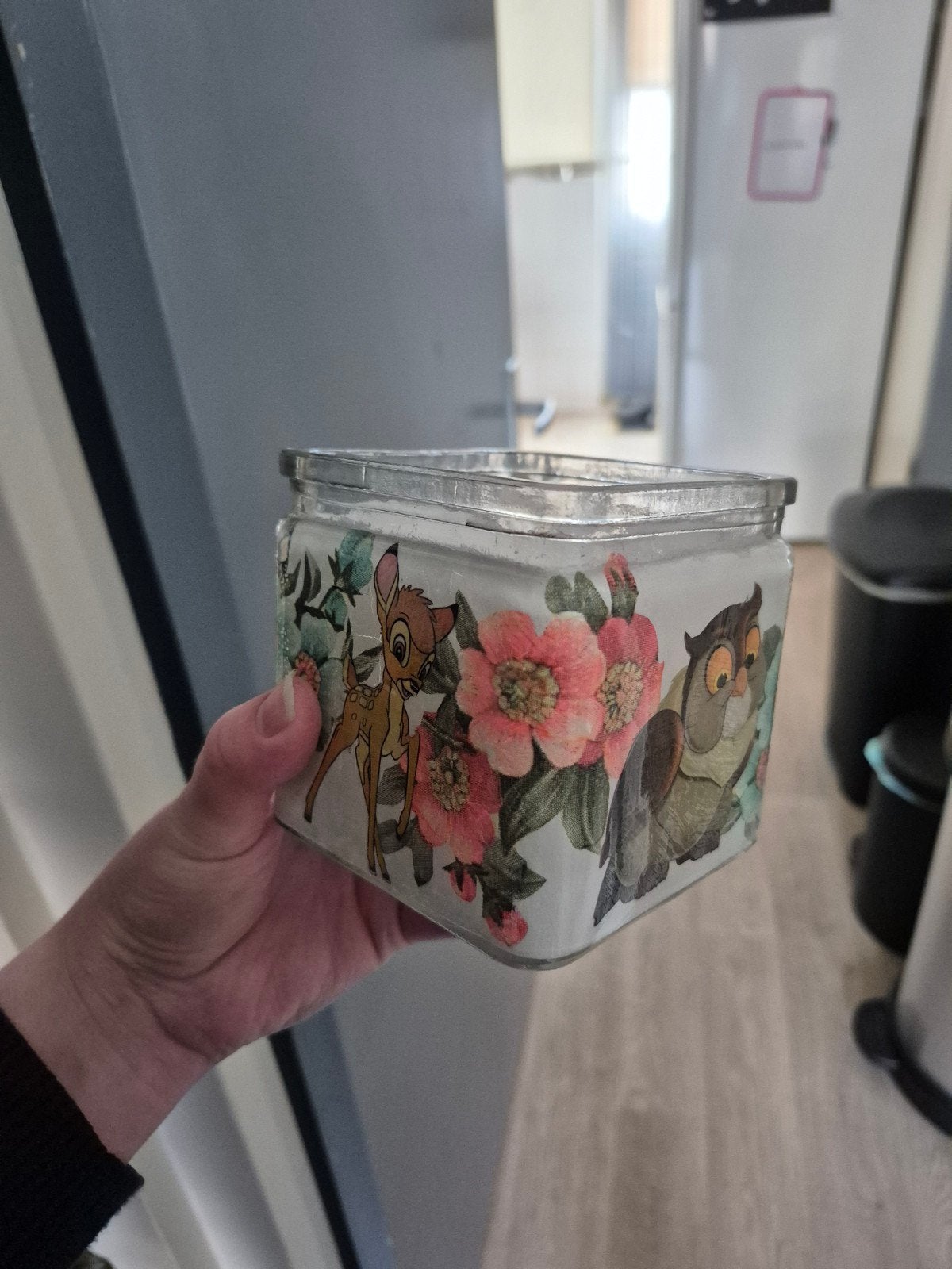 Uniek handgemaakt disney bambi glazen pot Decoupage, Ophalen of Verzenden