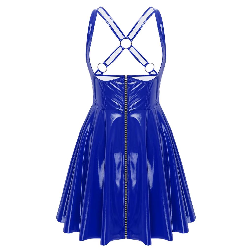 Blauwe lakleren uitgesneden dames jurk / jurkje lak leer, Maat 38/40 (M), Nieuw, Boven de knie, Verzenden