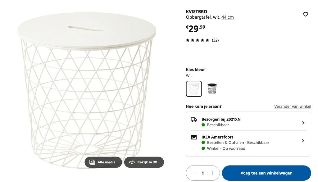 KVISTBRO Opbergtafel, wit, 44 cm, Huis en Inrichting, Ophalen, Minder dan 45 cm, Minder dan 55 cm, Rond