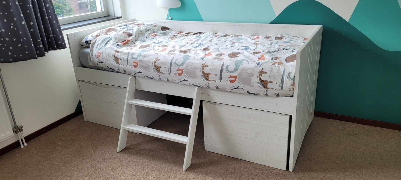 Wit eenpersoons hoogslaper met opberglades, Ophalen, Gebruikt, 90 cm, Eenpersoons