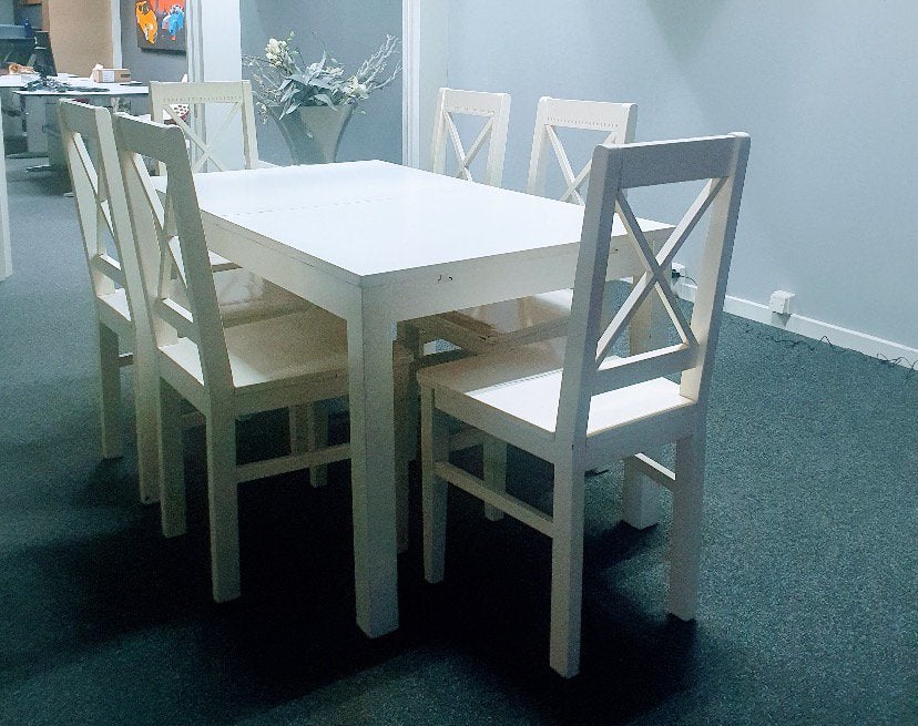 Uitschuifbare eettafel Ikea met 6 stoelen, Ophalen, Gebruikt, Eettafel