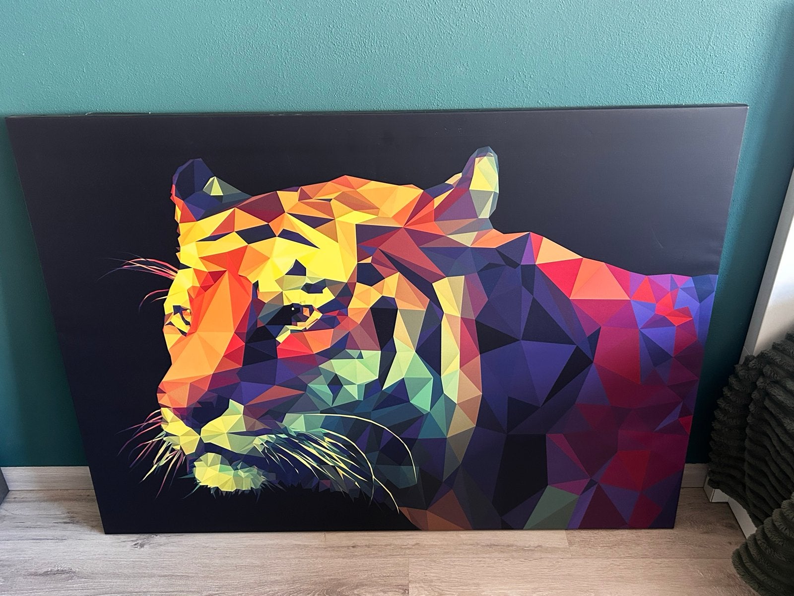Groot Canvas Schilderij Kleurrijke Tijger - 116x85 cm, Antiek en Kunst, Ophalen, Textiel, Op houten frame, Dieren