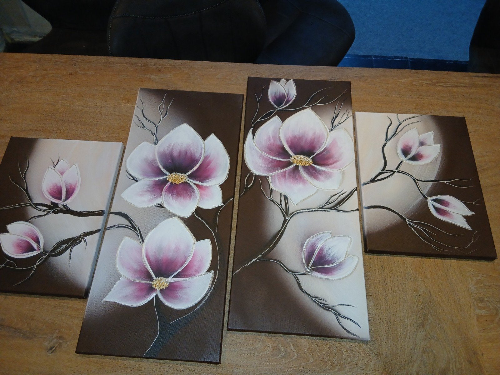 Prachtige handgeschilderde 4-luik met bloemen, Ophalen of Verzenden
