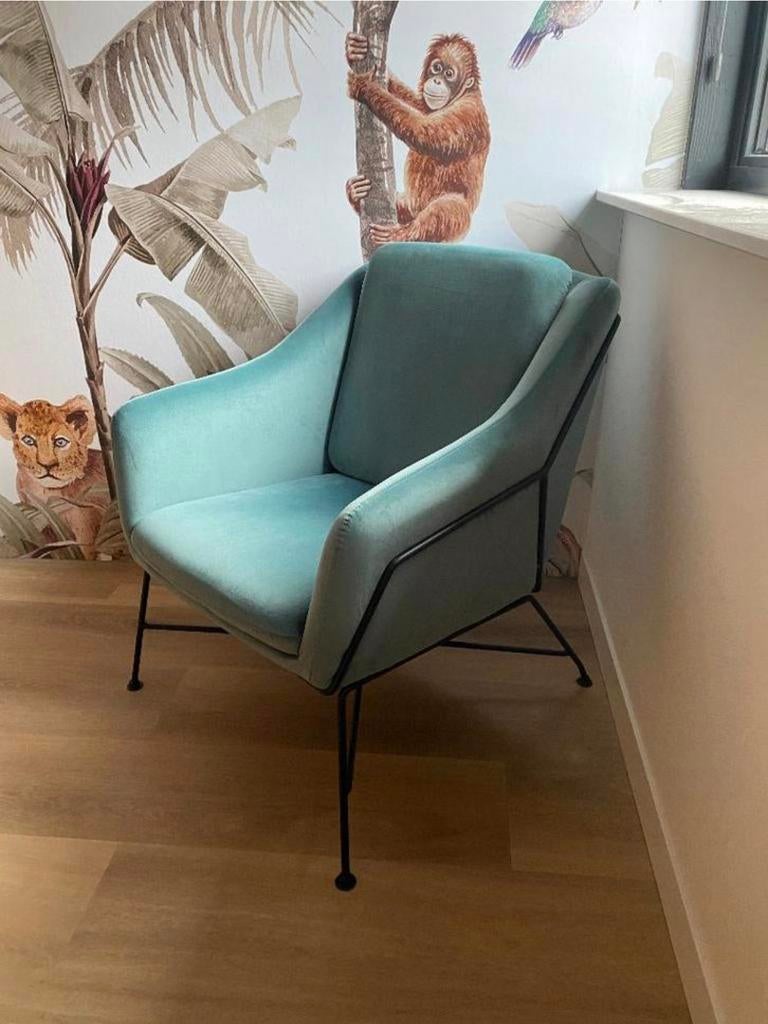 Velvet fauteuil / stoel turquoise / lichtblauw nieuwstaat, Huis en Inrichting, Fauteuils, Ophalen, Minder dan 50 cm, Minder dan 75 cm