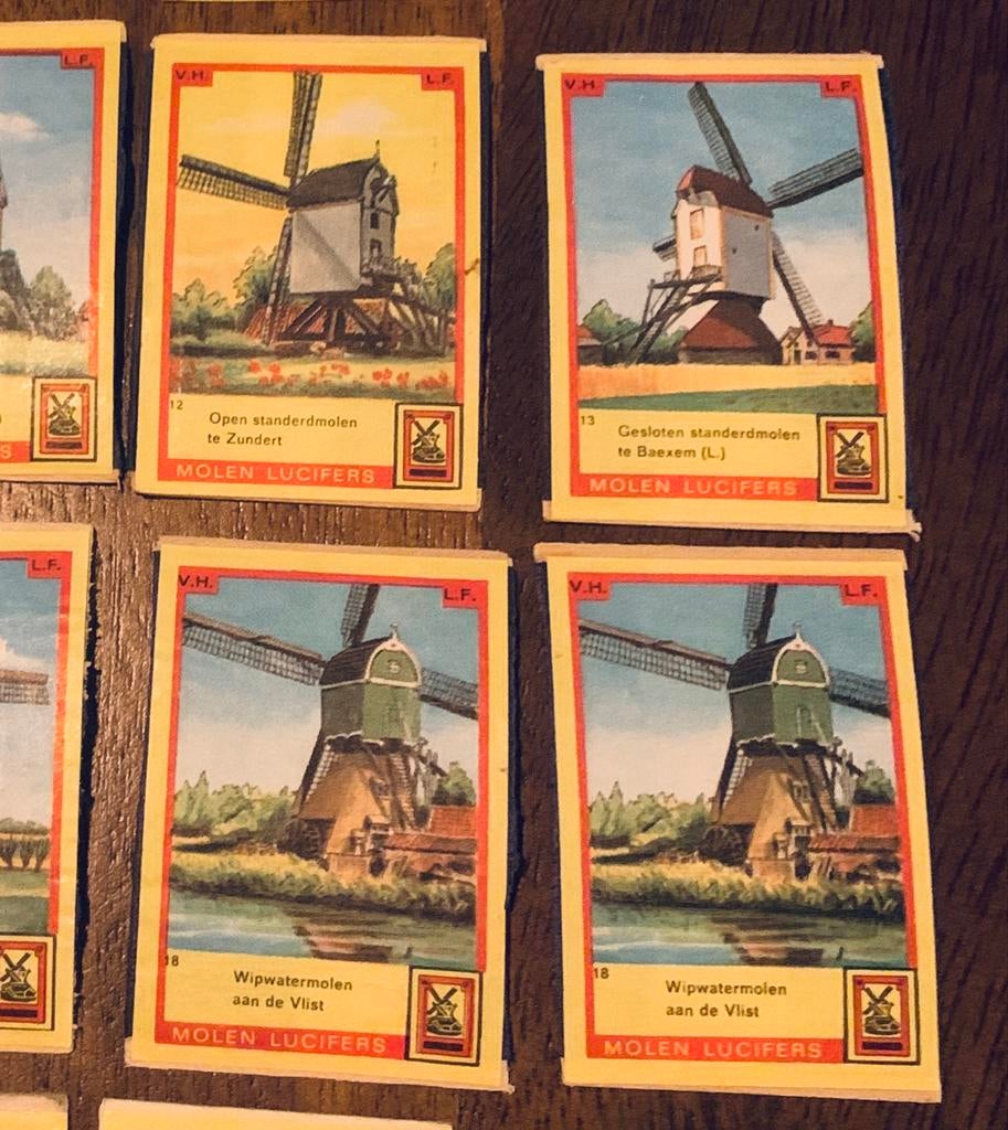 24 Vintage Molen Lucifers plaatjes bovenkant luciferdoosjes, Verzamelen, Ophalen of Verzenden, Gebruikt, Luciferdoosjes of -merken